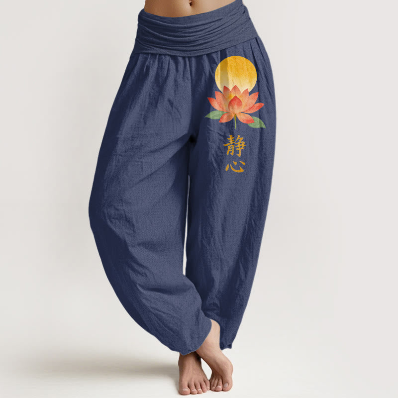 Buddha Stones Cotton Full Moon Lotus Flower Pattern Women's Elastic Waist Harem Pants - DarkSlateBlue - US16，UK/AU20，EU48 (3XL) - image 5