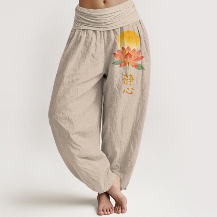 Buddha Stones Cotton Full Moon Lotus Flower Pattern Women's Elastic Waist Harem Pants - Tan - US16，UK/AU20，EU48 (3XL) - image 11