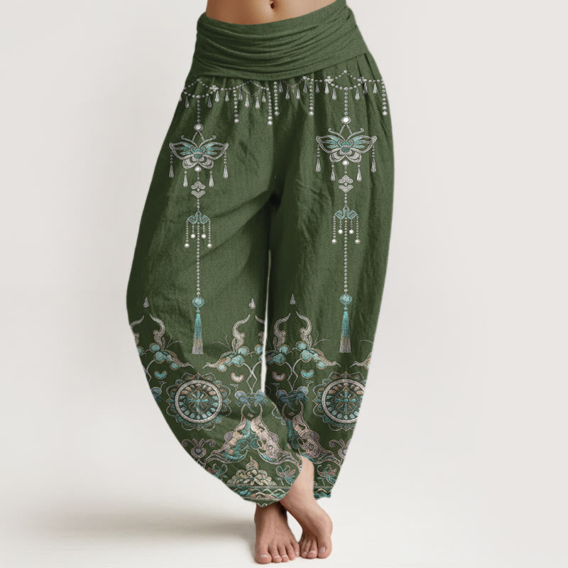 Buddha Stones Cotton Classic Jewelry Butterfly Flower Tassel Pattern Women's Elastic Waist Harem Pants - DarkSeaGreen - US16，UK/AU20，EU48 (3XL) - image 0