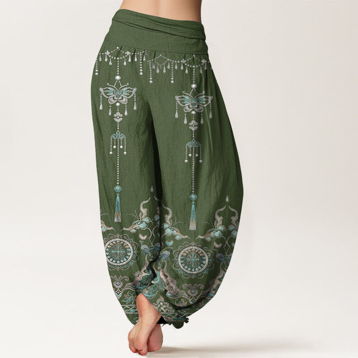 Buddha Stones Cotton Classic Jewelry Butterfly Flower Tassel Pattern Women's Elastic Waist Harem Pants - image 1