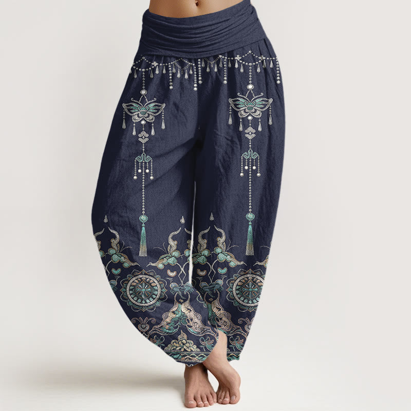Buddha Stones Cotton Classic Jewelry Butterfly Flower Tassel Pattern Women's Elastic Waist Harem Pants - SteelBlue - US16，UK/AU20，EU48 (3XL) - image 5