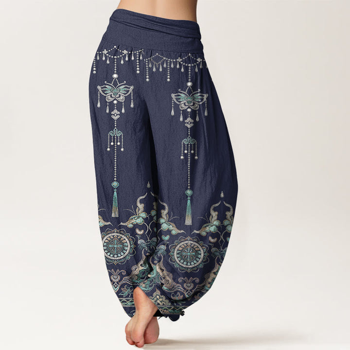 Buddha Stones Cotton Classic Jewelry Butterfly Flower Tassel Pattern Women's Elastic Waist Harem Pants - image 6