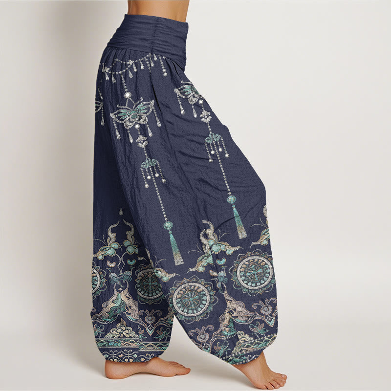 Buddha Stones Cotton Classic Jewelry Butterfly Flower Tassel Pattern Women's Elastic Waist Harem Pants - image 7
