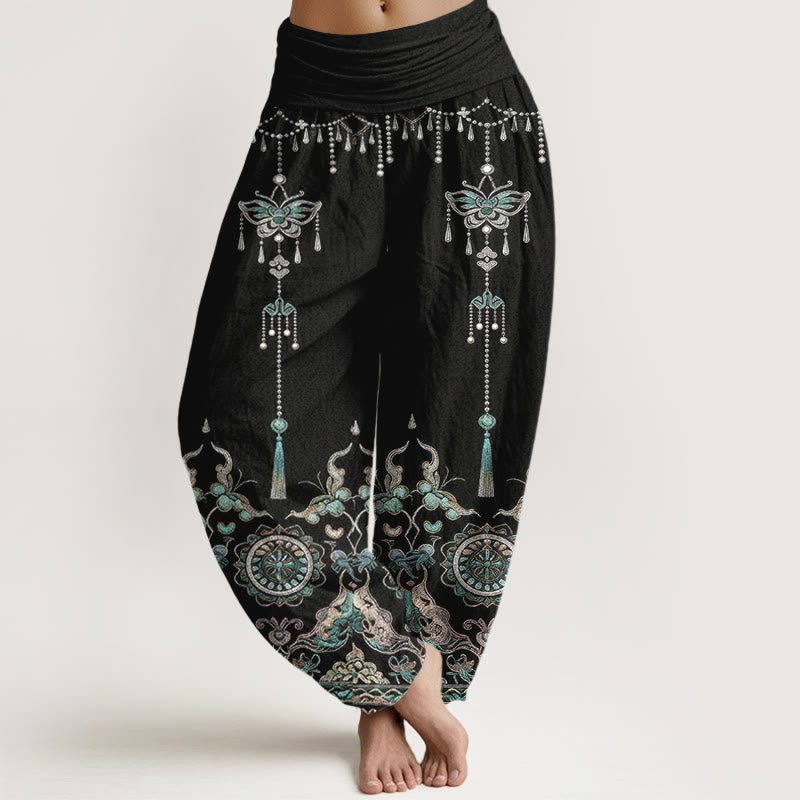 Buddha Stones Cotton Classic Jewelry Butterfly Flower Tassel Pattern Women's Elastic Waist Harem Pants - Black - US16，UK/AU20，EU48 (3XL) - image 8