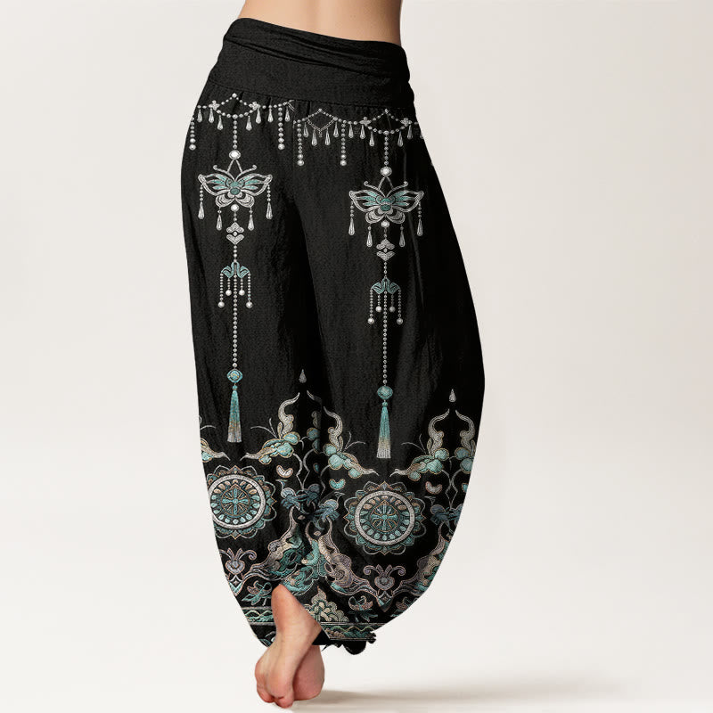Buddha Stones Cotton Classic Jewelry Butterfly Flower Tassel Pattern Women's Elastic Waist Harem Pants - image 9