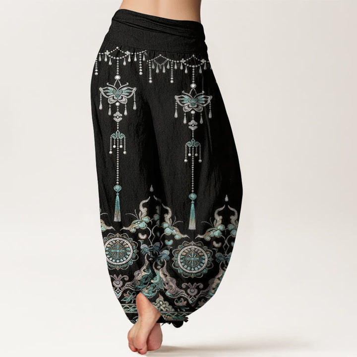 Buddha Stones Cotton Classic Jewelry Butterfly Flower Tassel Pattern Women's Elastic Waist Harem Pants - image 9