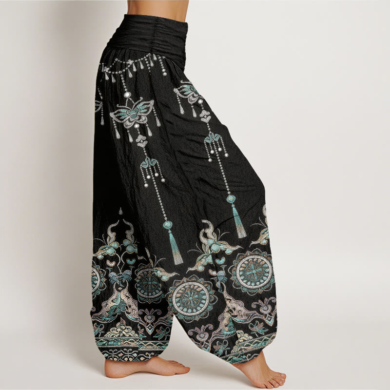 Buddha Stones Cotton Classic Jewelry Butterfly Flower Tassel Pattern Women's Elastic Waist Harem Pants - image 10