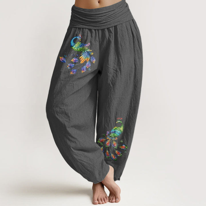 Buddha Stones Cotton Colorful Peacock Pattern Women's Elastic Waist Harem Pants - DimGrey - US16，UK/AU20，EU48 (3XL) - image 8