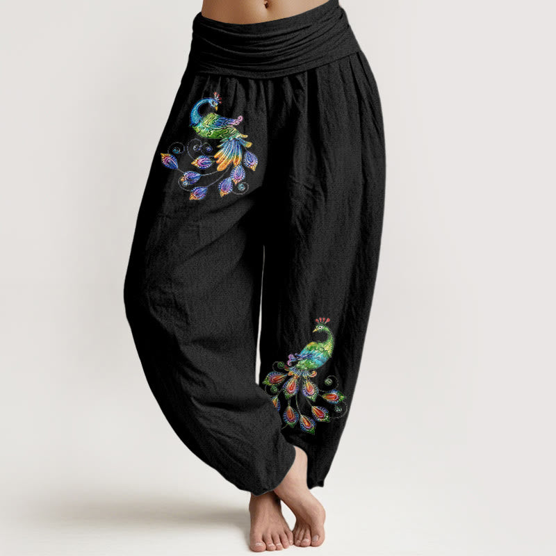 Buddha Stones Cotton Colorful Peacock Pattern Women's Elastic Waist Harem Pants - Black - US16，UK/AU20，EU48 (3XL) - image 0