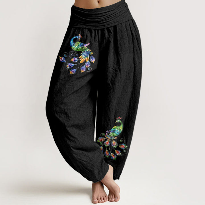 Buddha Stones Cotton Colorful Peacock Pattern Women's Elastic Waist Harem Pants - Black - US16，UK/AU20，EU48 (3XL) - image 0