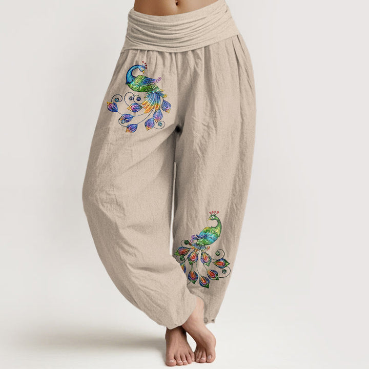 Buddha Stones Cotton Colorful Peacock Pattern Women's Elastic Waist Harem Pants - Tan - US16，UK/AU20，EU48 (3XL) - image 11