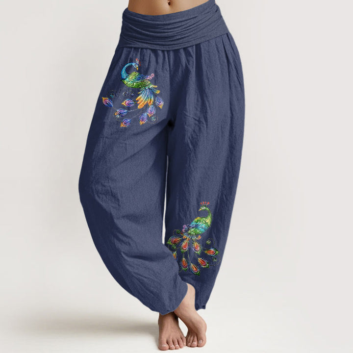 Buddha Stones Cotton Colorful Peacock Pattern Women's Elastic Waist Harem Pants - DarkSlateBlue - US16，UK/AU20，EU48 (3XL) - image 5