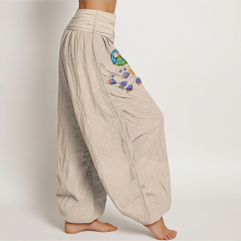 Buddha Stones Cotton Colorful Peacock Pattern Women's Elastic Waist Harem Pants - image 13