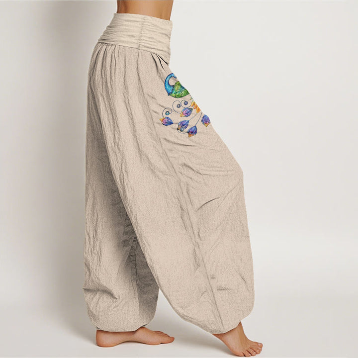 Buddha Stones Cotton Colorful Peacock Pattern Women's Elastic Waist Harem Pants - image 13