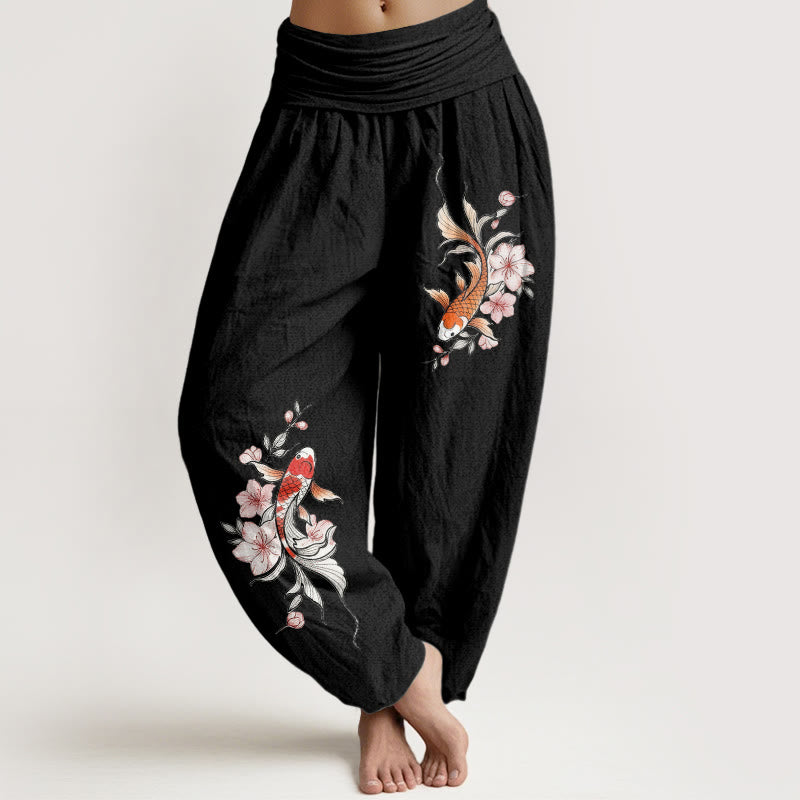 Buddha Stones Cotton Koi Fish Pink Peach Blossoms Pattern Women's Elastic Waist Harem Pants - Black - US16，UK/AU20，EU48 (3XL) - image 5