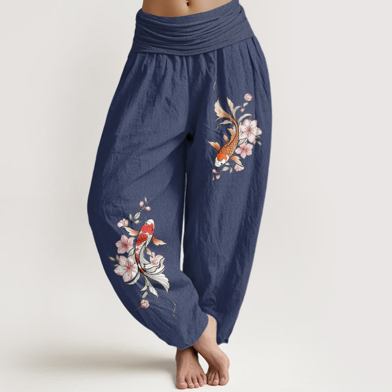 Buddha Stones Cotton Koi Fish Pink Peach Blossoms Pattern Women's Elastic Waist Harem Pants - DarkSlateBlue - US16，UK/AU20，EU48 (3XL) - image 0