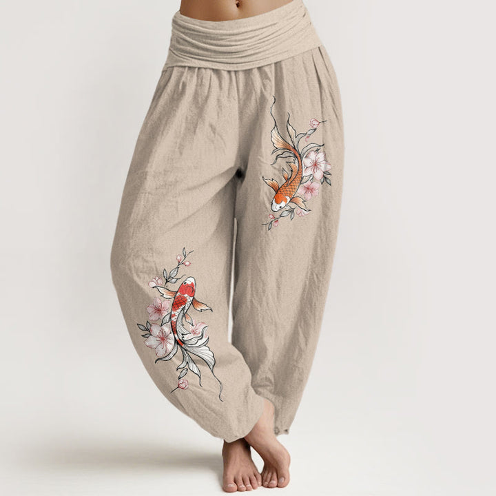 Buddha Stones Cotton Koi Fish Pink Peach Blossoms Pattern Women's Elastic Waist Harem Pants - Tan - US16，UK/AU20，EU48 (3XL) - image 11
