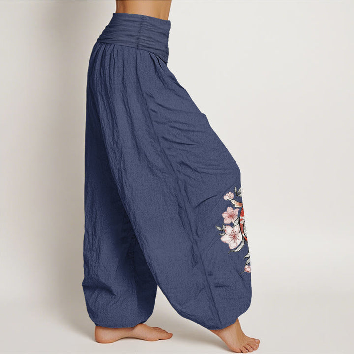 Buddha Stones Cotton Koi Fish Pink Peach Blossoms Pattern Women's Elastic Waist Harem Pants - image 2