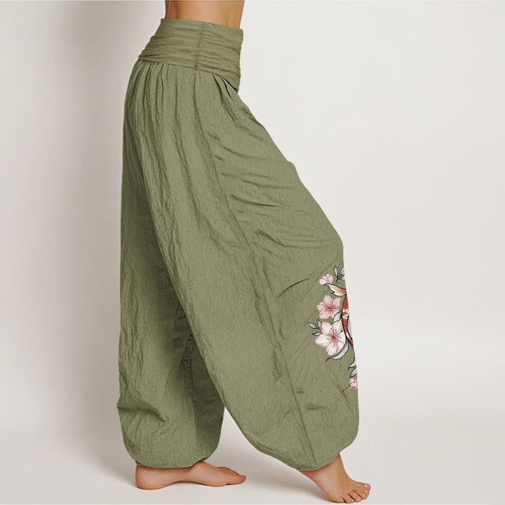 Buddha Stones Cotton Koi Fish Pink Peach Blossoms Pattern Women's Elastic Waist Harem Pants - image 16