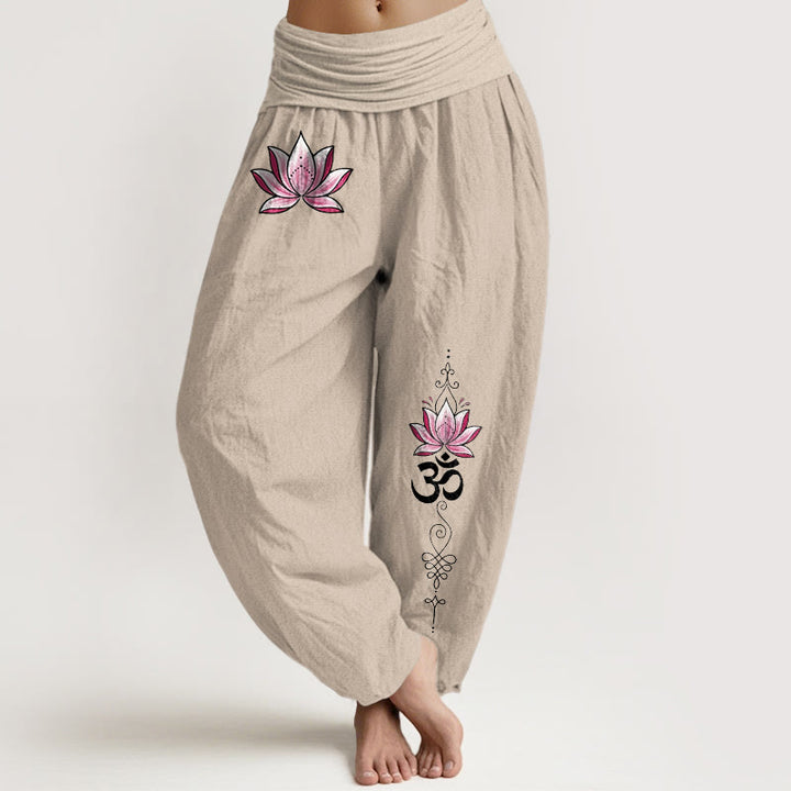 Buddha Stones Cotton Pink Lotus OM Pattern Women's Elastic Waist Harem Pants - Tan - US16，UK/AU20，EU48 (3XL) - image 0
