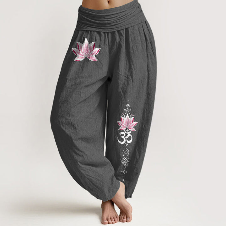 Buddha Stones Cotton Pink Lotus OM Pattern Women's Elastic Waist Harem Pants - DimGrey - US16，UK/AU20，EU48 (3XL) - image 11