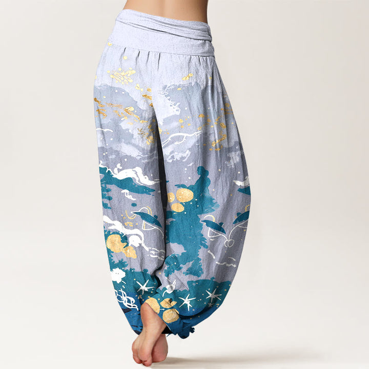 Buddha Stones Cotton Waves Sky Pattern Women's Elastic Waist Harem Pants - image 1