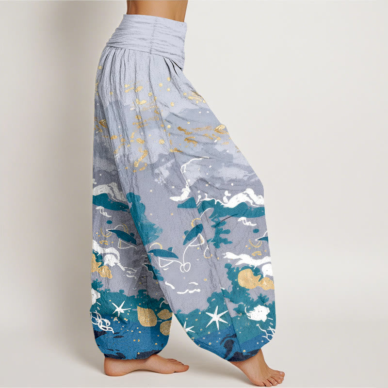 Buddha Stones Cotton Waves Sky Pattern Women's Elastic Waist Harem Pants - image 2