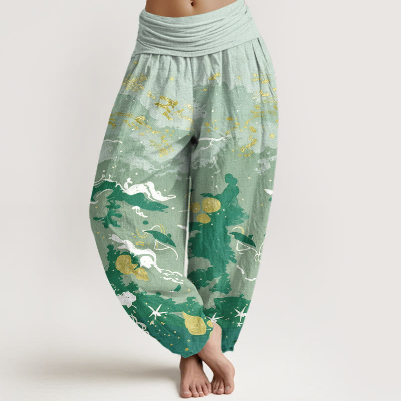 Buddha Stones Cotton Waves Sky Pattern Women's Elastic Waist Harem Pants - DarkSeaGreen - US16，UK/AU20，EU48 (3XL) - image 5