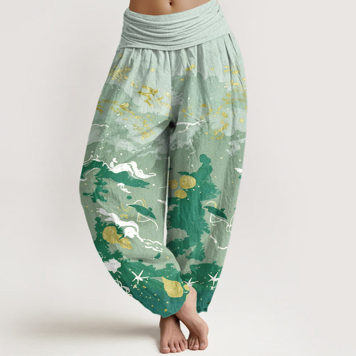 Buddha Stones Cotton Waves Sky Pattern Women's Elastic Waist Harem Pants - DarkSeaGreen - US16，UK/AU20，EU48 (3XL) - image 5