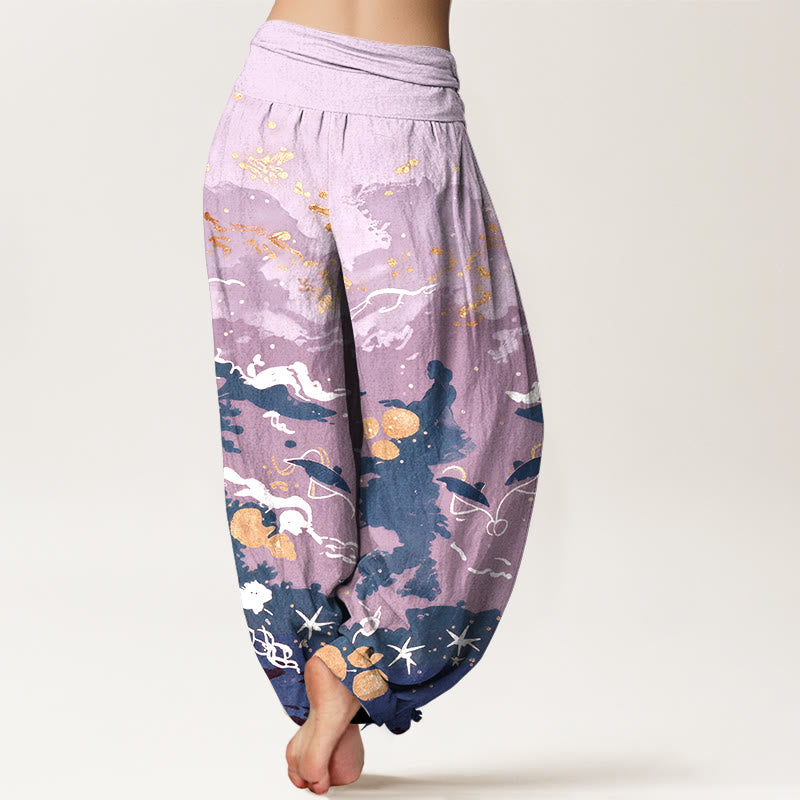 Buddha Stones Cotton Waves Sky Pattern Women's Elastic Waist Harem Pants - image 9