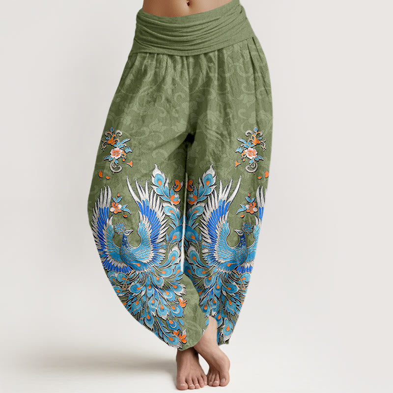 Buddha Stones Cotton Phoenix Peach Blossom Pattern Women's Elastic Waist Harem Pants - OliveDrab - US16，UK/AU20，EU48 (3XL) - image 8