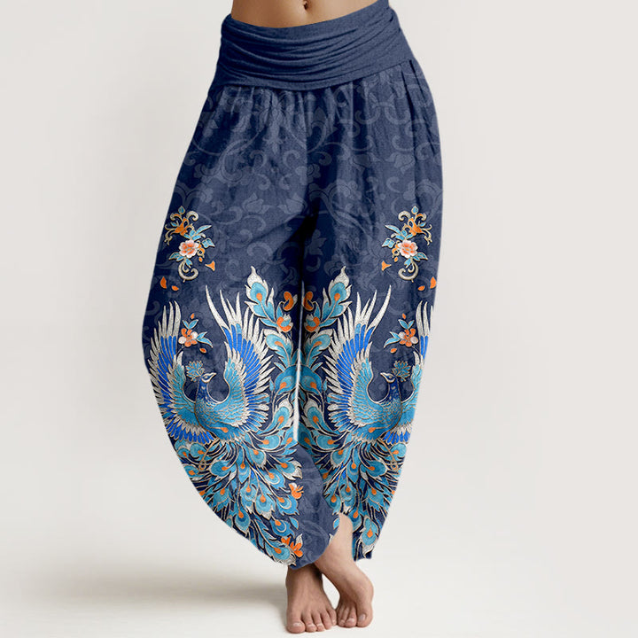 Buddha Stones Cotton Phoenix Peach Blossom Pattern Women's Elastic Waist Harem Pants - SteelBlue - US16，UK/AU20，EU48 (3XL) - image 0