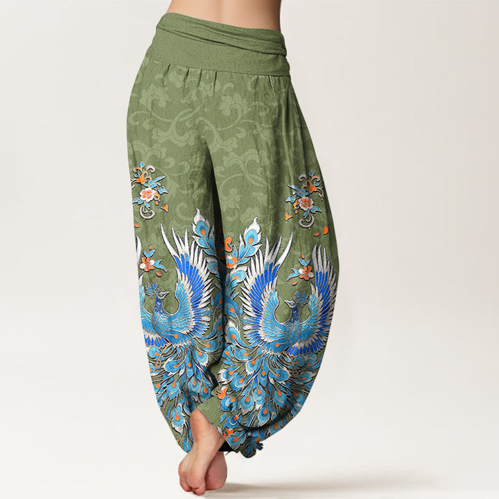 Buddha Stones Cotton Phoenix Peach Blossom Pattern Women's Elastic Waist Harem Pants - image 9