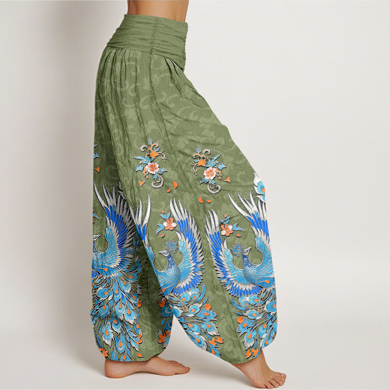 Buddha Stones Cotton Phoenix Peach Blossom Pattern Women's Elastic Waist Harem Pants - image 10