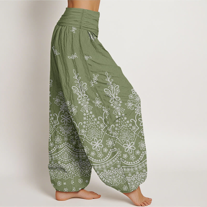 Buddha Stones Cotton Mandala White Flower Pattern Women's Elastic Waist Harem Pants - image 2