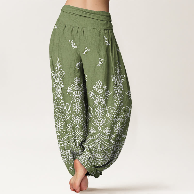 Buddha Stones Cotton Mandala White Flower Pattern Women's Elastic Waist Harem Pants - image 1