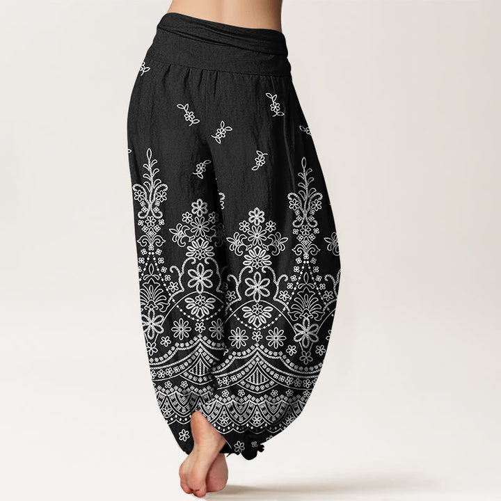 Buddha Stones Cotton Mandala White Flower Pattern Women's Elastic Waist Harem Pants - image 6