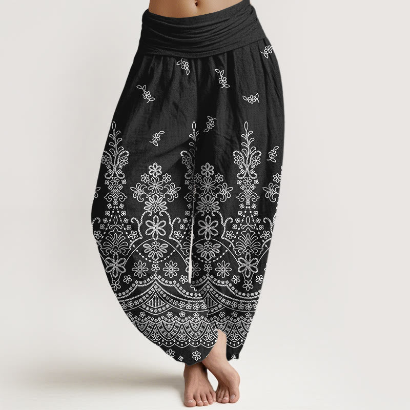 Buddha Stones Cotton Mandala White Flower Pattern Women's Elastic Waist Harem Pants - Black - US16，UK/AU20，EU48 (3XL) - image 5