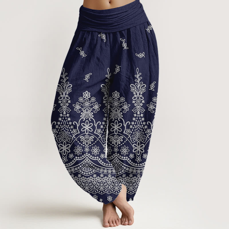 Buddha Stones Cotton Mandala White Flower Pattern Women's Elastic Waist Harem Pants - DarkBlue - US16，UK/AU20，EU48 (3XL) - image 8