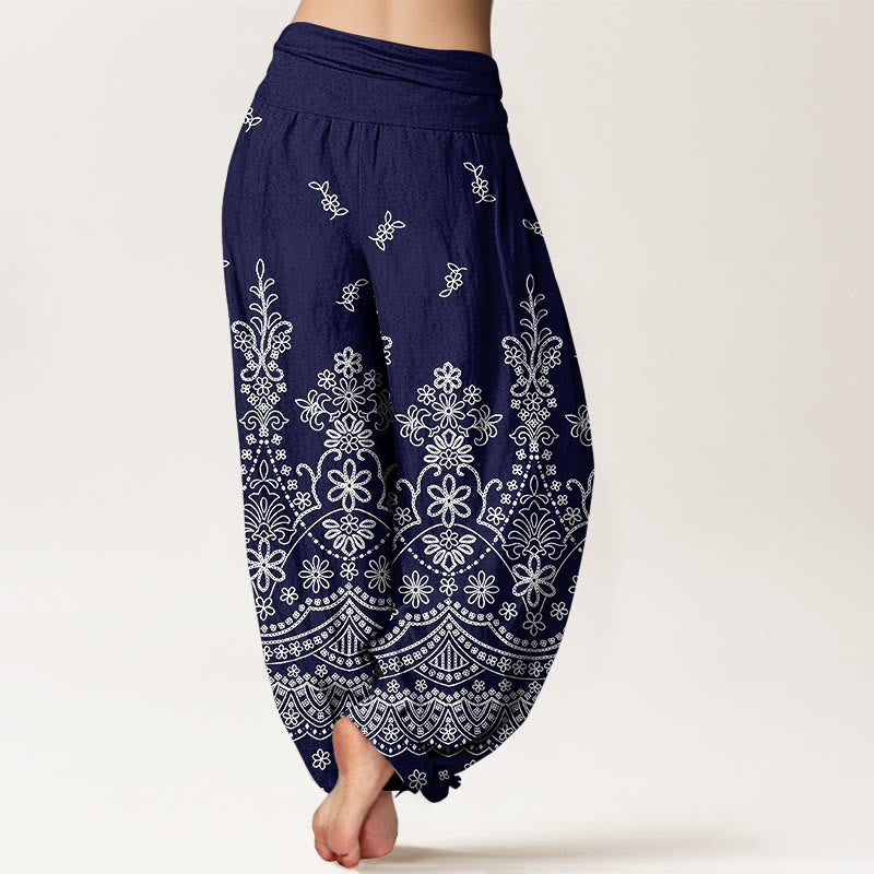 Buddha Stones Cotton Mandala White Flower Pattern Women's Elastic Waist Harem Pants - image 9