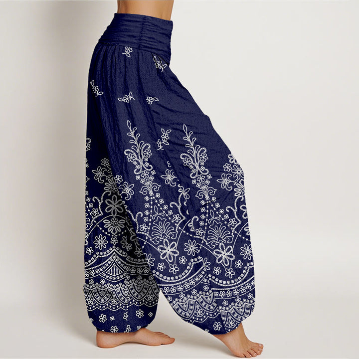 Buddha Stones Cotton Mandala White Flower Pattern Women's Elastic Waist Harem Pants - image 10