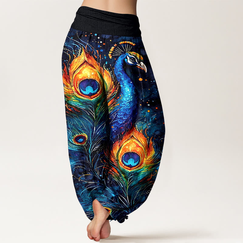 Buddha Stones Cotton Peacock Starry Sky Pattern Women's Elastic Waist Harem Pants - image 1