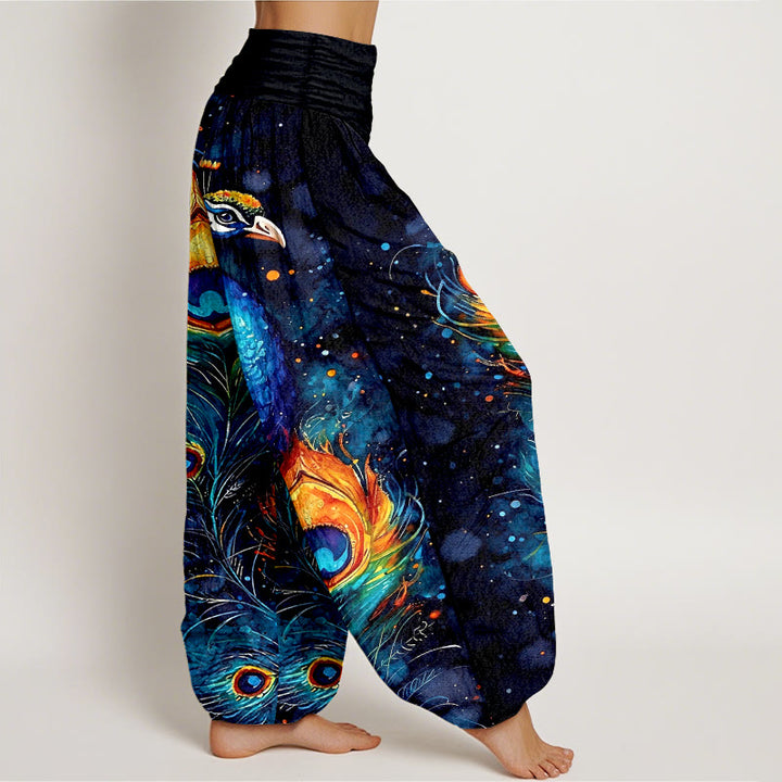 Buddha Stones Cotton Peacock Starry Sky Pattern Women's Elastic Waist Harem Pants - image 2