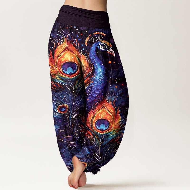 Buddha Stones Cotton Peacock Starry Sky Pattern Women's Elastic Waist Harem Pants - image 6