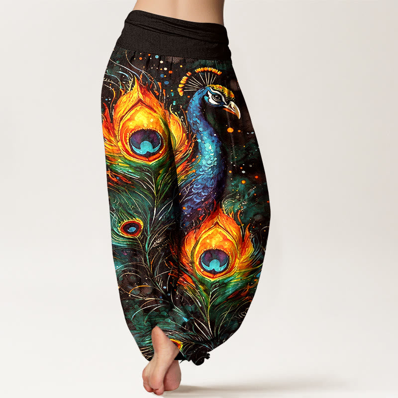 Buddha Stones Cotton Peacock Starry Sky Pattern Women's Elastic Waist Harem Pants - image 9