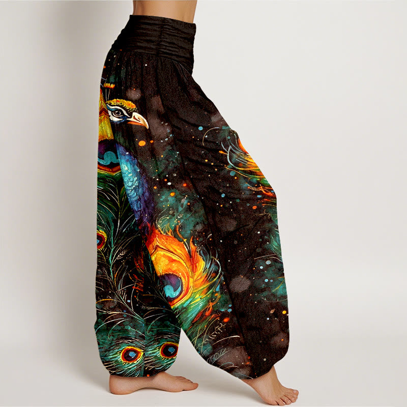 Buddha Stones Cotton Peacock Starry Sky Pattern Women's Elastic Waist Harem Pants - image 10