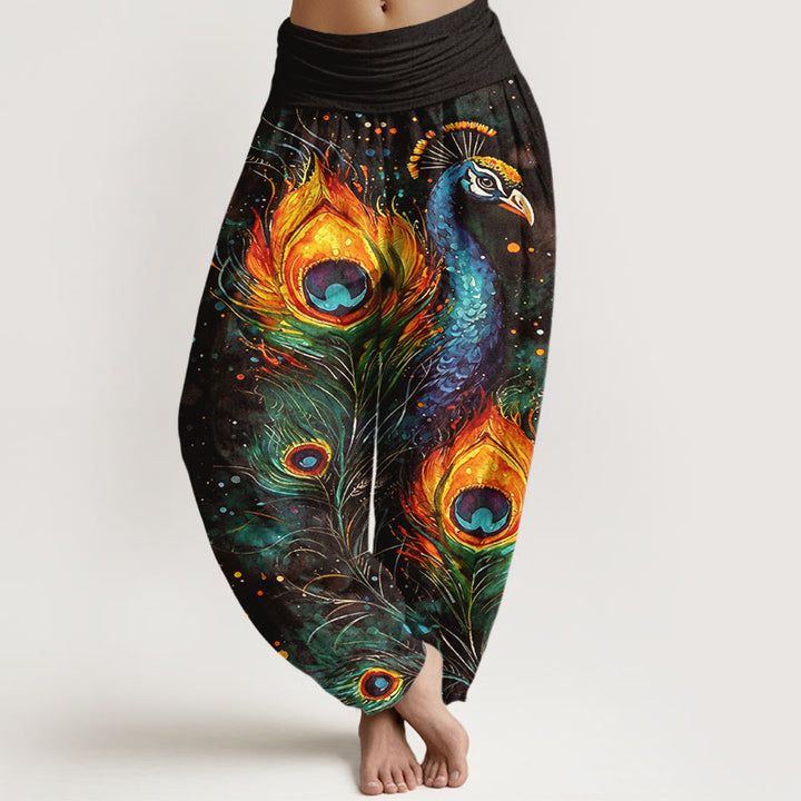 Buddha Stones Cotton Peacock Starry Sky Pattern Women's Elastic Waist Harem Pants - OliveDrab - US16，UK/AU20，EU48 (3XL) - image 8