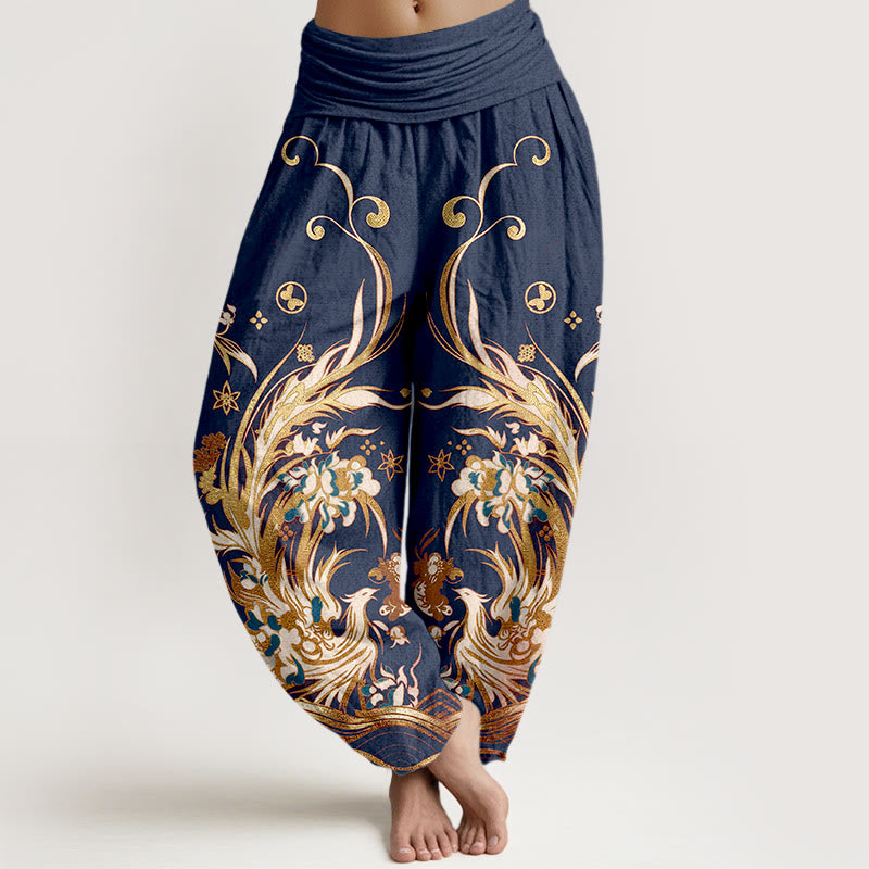 Buddha Stones Cotton Phoenix Butterfly Flower Pattern Women's Elastic Waist Harem Pants - DarkBlue - US16，UK/AU20，EU48 (3XL) - image 0