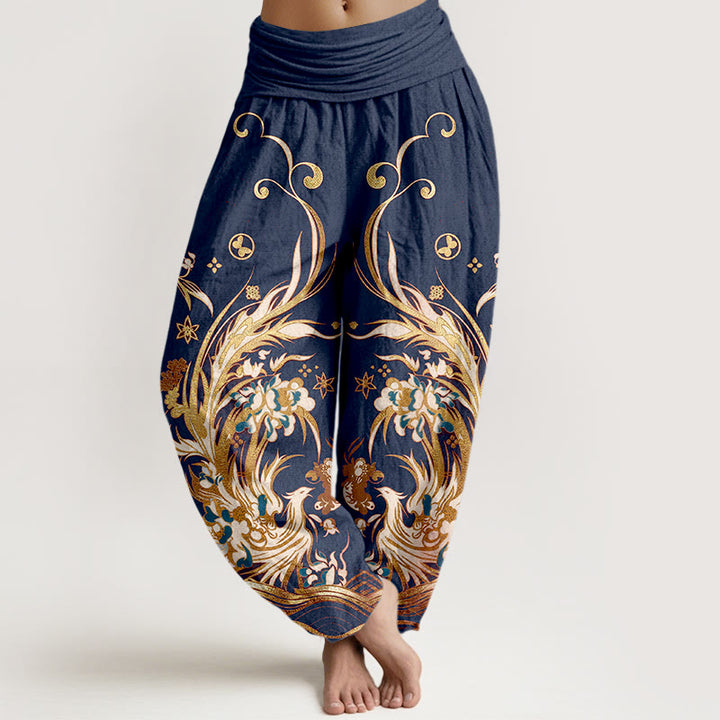 Buddha Stones Cotton Phoenix Butterfly Flower Pattern Women's Elastic Waist Harem Pants - DarkBlue - US16，UK/AU20，EU48 (3XL) - image 0
