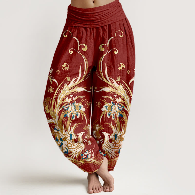 Buddha Stones Cotton Phoenix Butterfly Flower Pattern Women's Elastic Waist Harem Pants - FireBrick - US16，UK/AU20，EU48 (3XL) - image 5